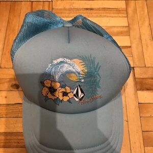 5/15$ Volcom Blue and Yellow Trucker Hat with Tropical Design​